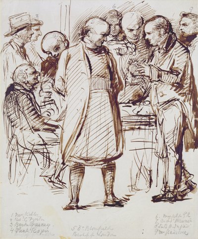 Een groep geestelijken en politici, waaronder John Keble en William Gladstone, in gesprek met de bisschop van Londen in Fulham Palace door George Richmond